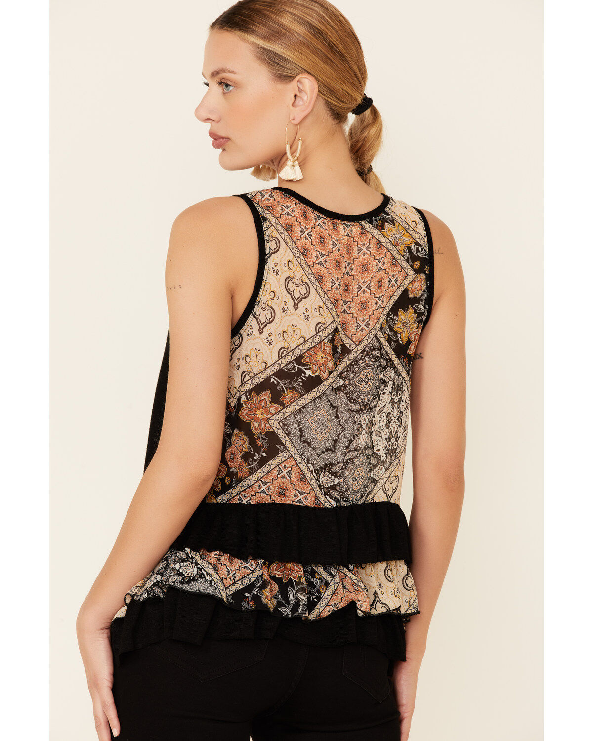 Image #4 - Mystree Women's Contrast Floral Boho Back Tank Top, Black, hi-res