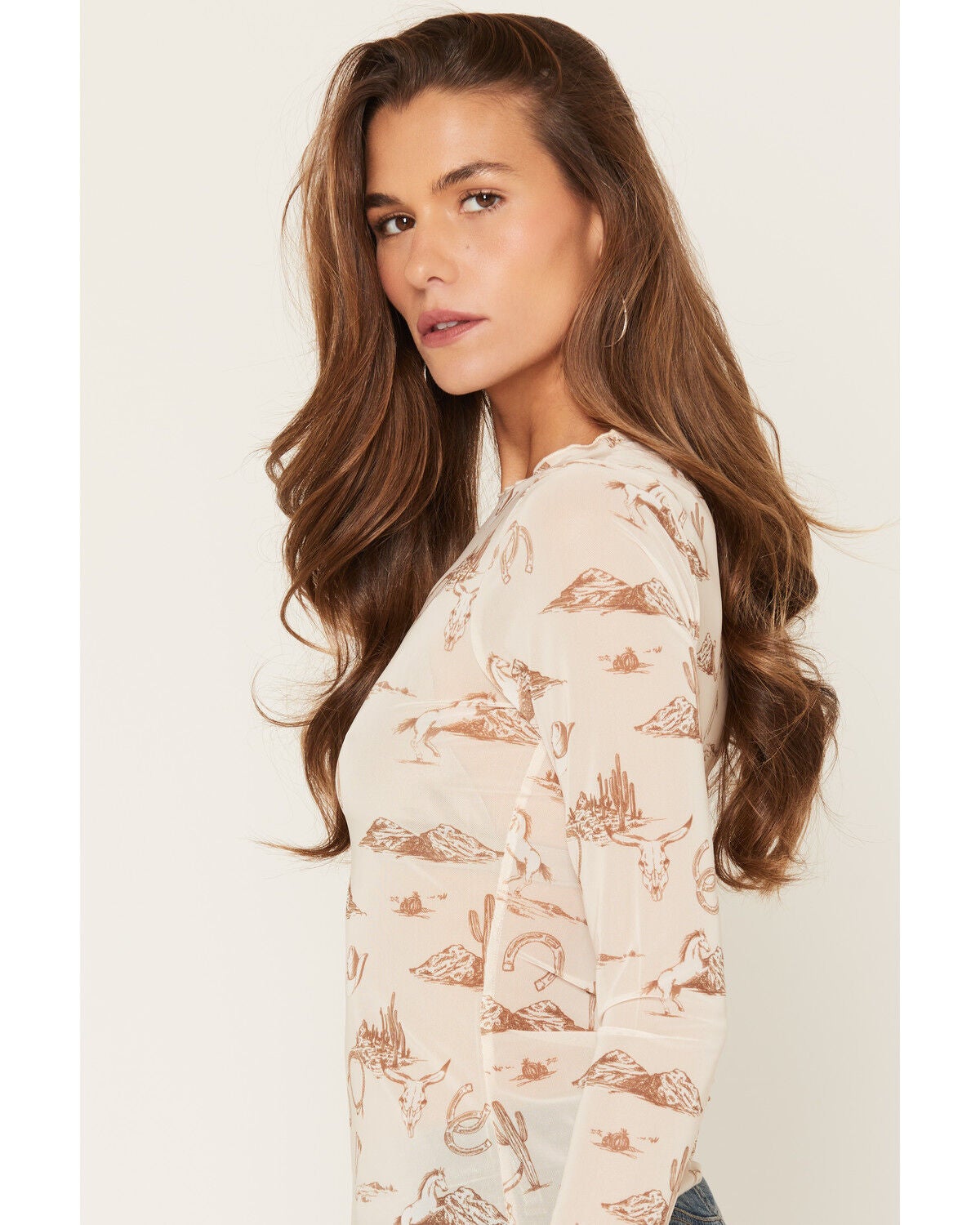 Image #2 - Ash & Violet Women's Conversation Print Mesh Long Sleeve Top, Cream, hi-res