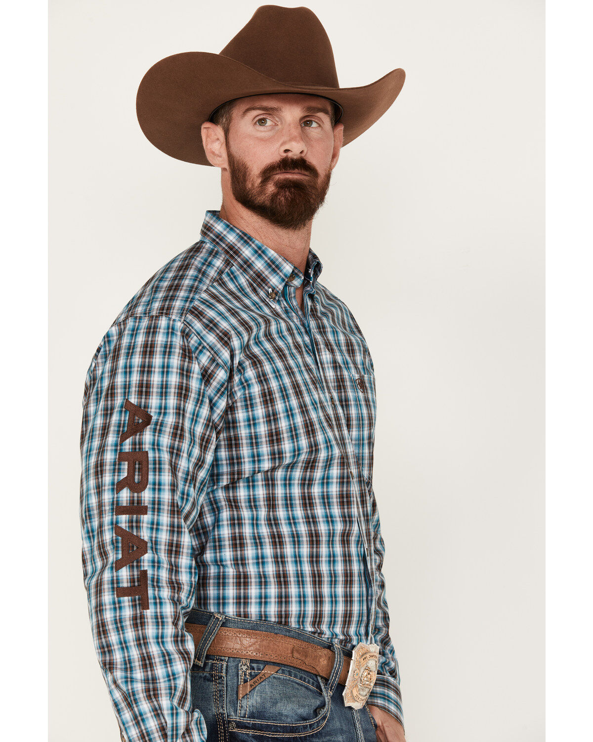 Image #2 - Ariat Men's Team Cade Small Plaid Print Long Sleeve Button-Down Shirt, Turquoise, hi-res