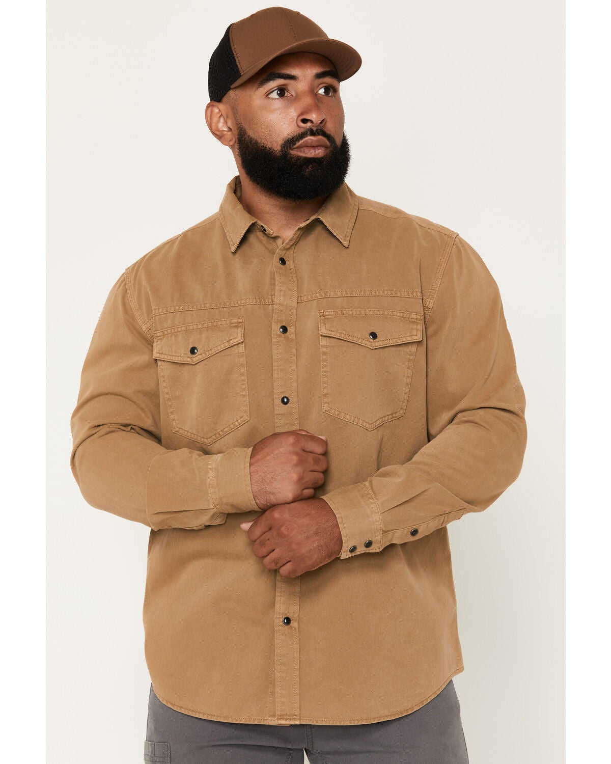 Hawx Men's Burr Solid Long Sleeve Snap Woven Work Shirt, Khaki, hi-res