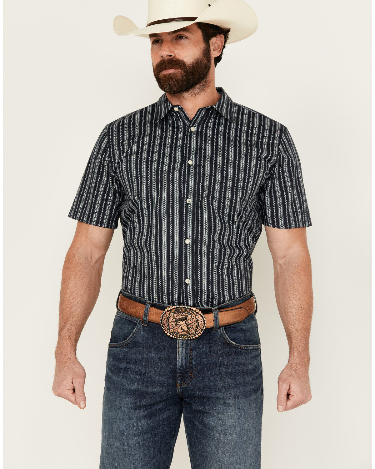 Image #1 - Gibson Trading Co Men's Scratch Stripe Short Sleeve Button-Down Western Shirt, Navy, hi-res