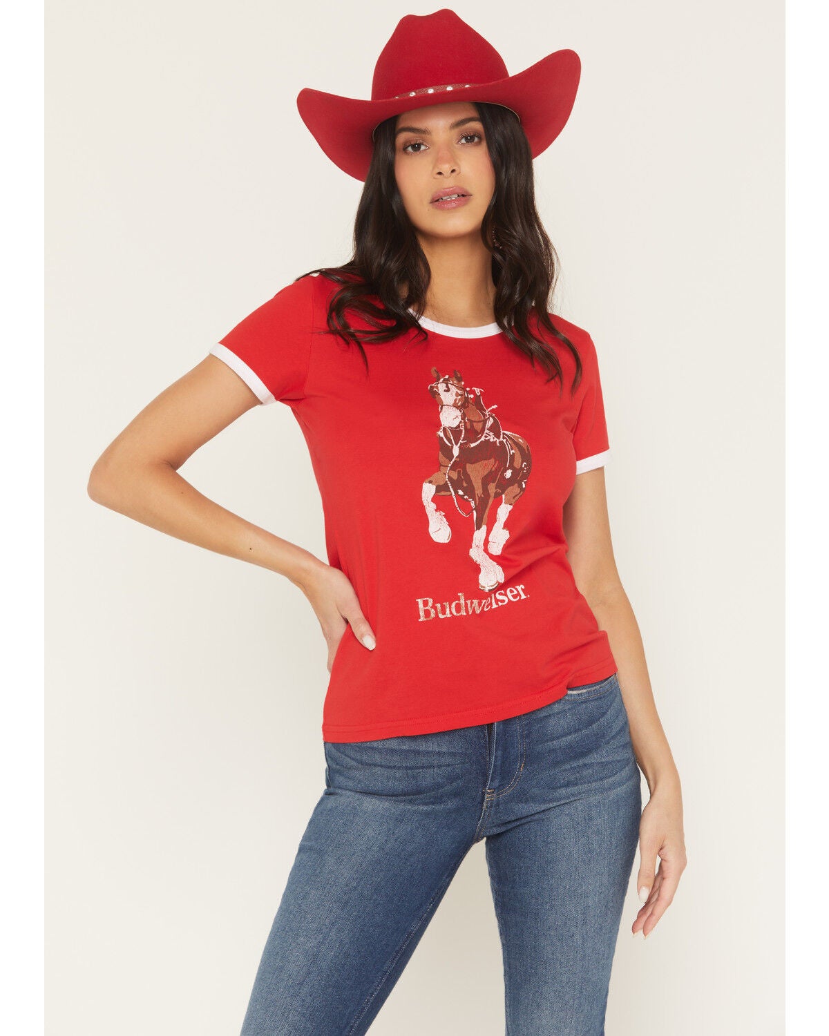 Budweiser Women's Ringer Clydesdales Short Sleeve Graphic Ringer Tee, Red, hi-res