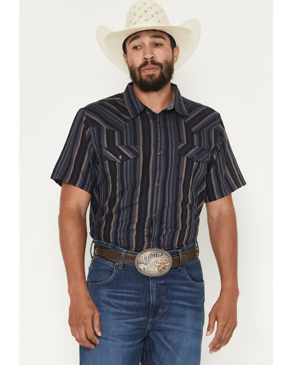 Cody James Men's Highland Rim Striped Print Short Sleeve Snap Western Shirt - Tall, Navy, hi-res