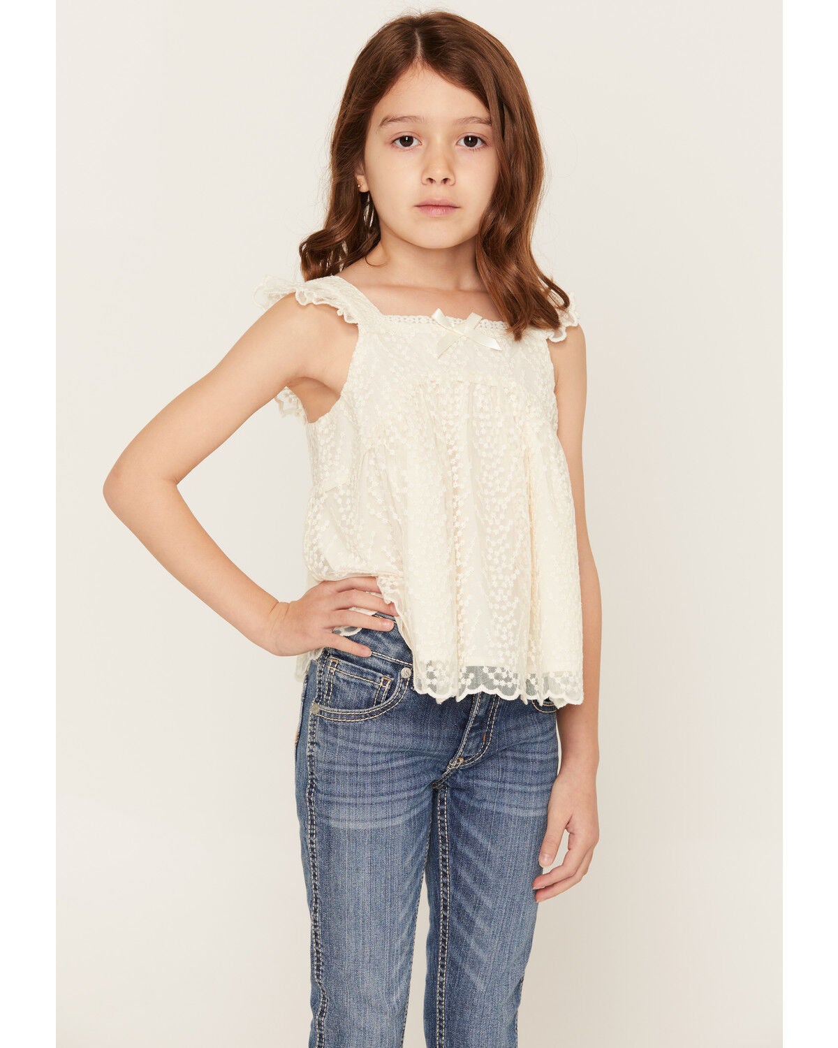 Shyanne Girls Eyelet Sleeveless Tank Top, Cream, hi-res