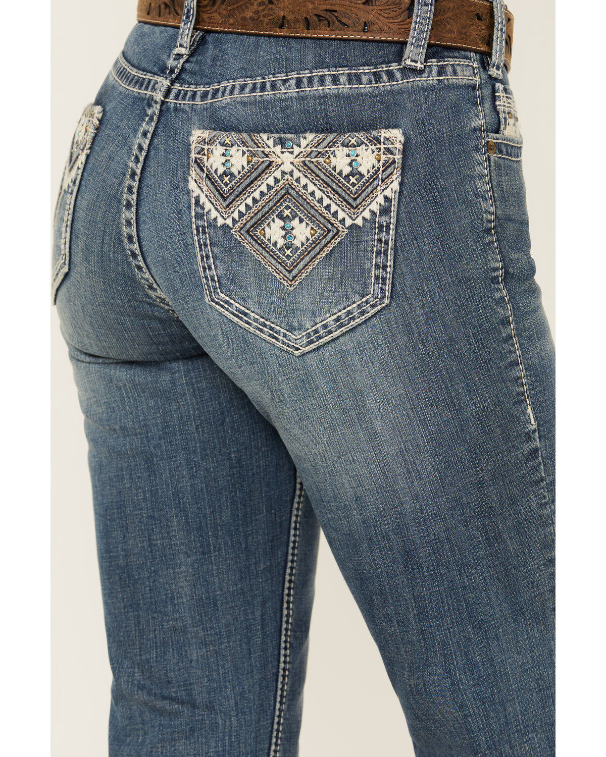 Image #2 - Rock & Roll Denim Women's Medium Wash Mid Rise Geo Print Stretch Bootcut Jeans, Medium Wash, hi-res