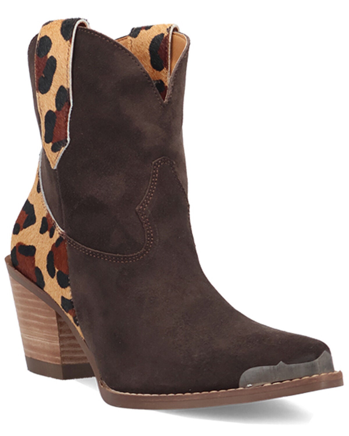 Dingo Women's Texas Charm Suede Leopard Print Western Booties - Round Toe, Brown, hi-res