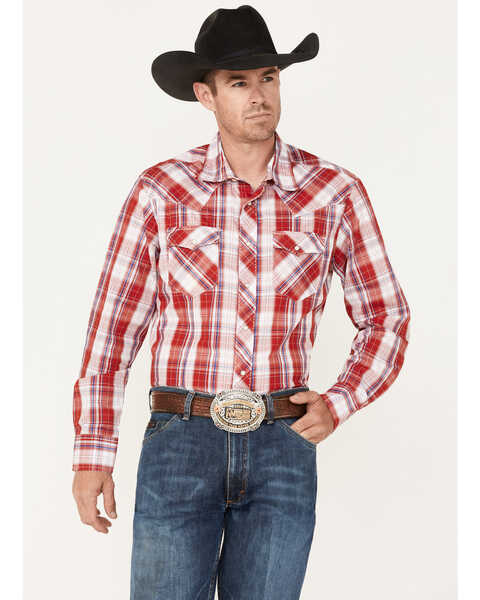 Wrangler Men's Plaid Print Long Sleeve Snap Western Shirt , Red, hi-res