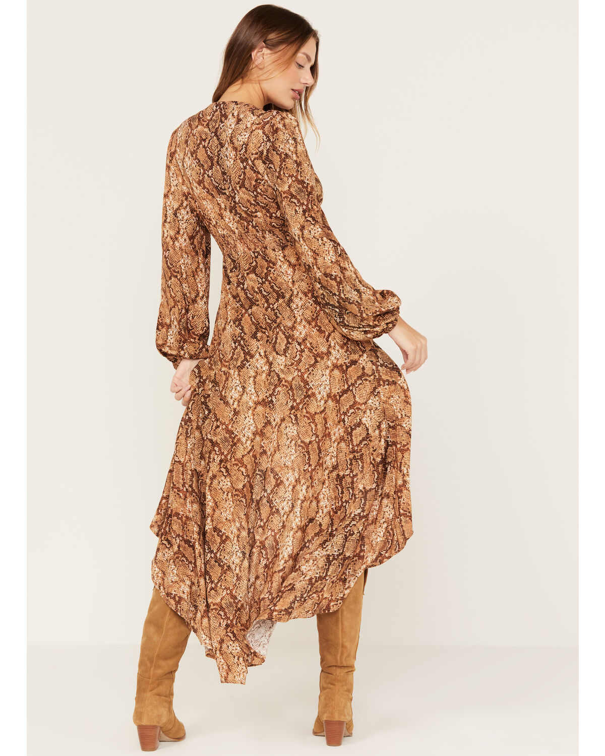 Image #4 - Shyanne Women's Snake Print Ruffle High-Low Dress, Taupe, hi-res