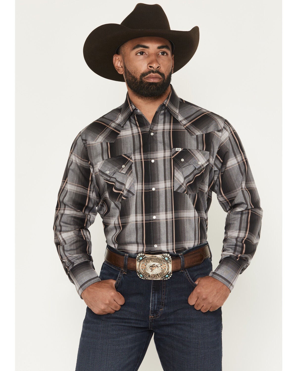 Ely Walker Men's Plaid Print Long Sleeve Pearl Snap Western Shirt - Tall, Black, hi-res