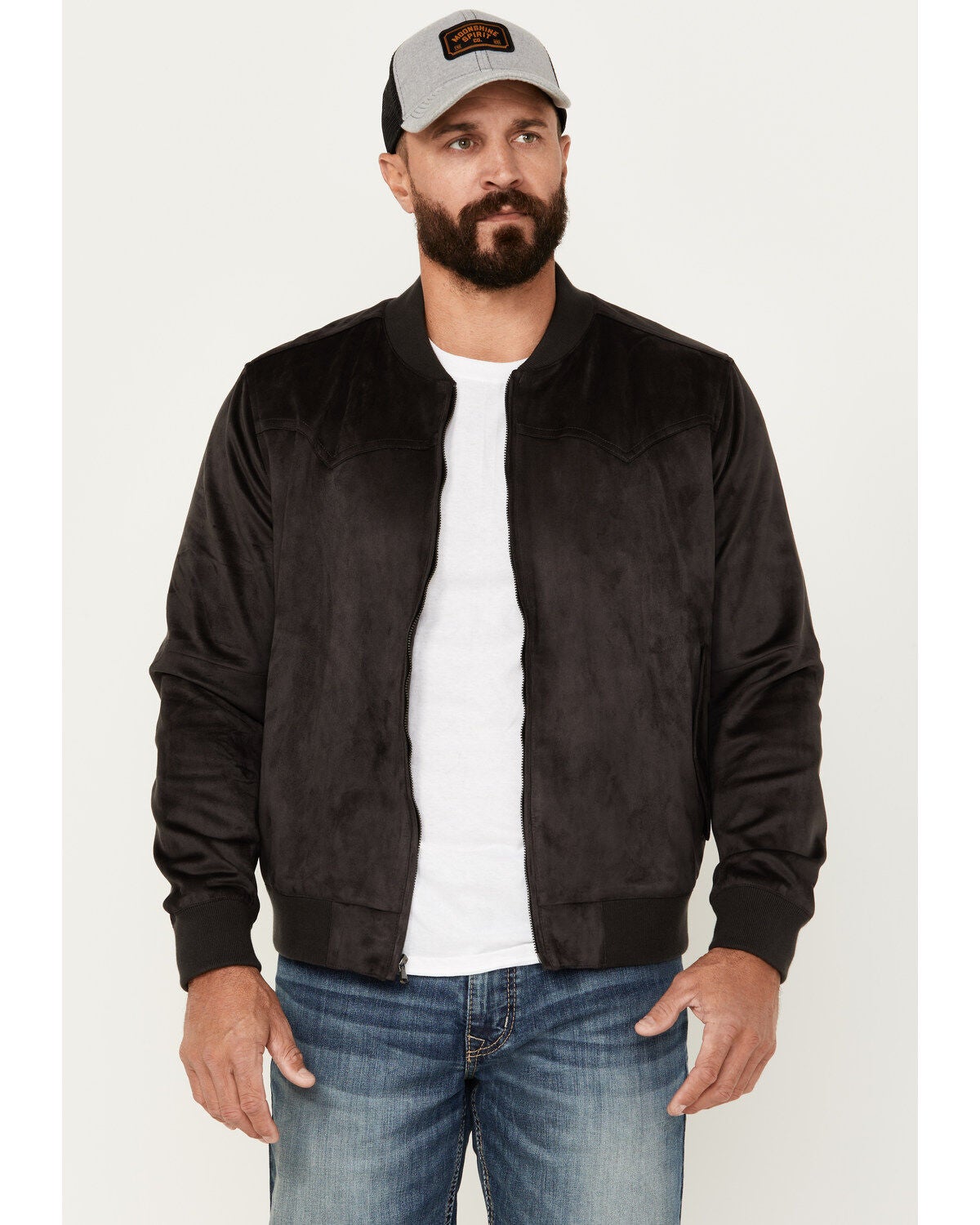 Moonshine Spirit&reg; Men's Faux Suede Bomber Jacket, Charcoal, hi-res