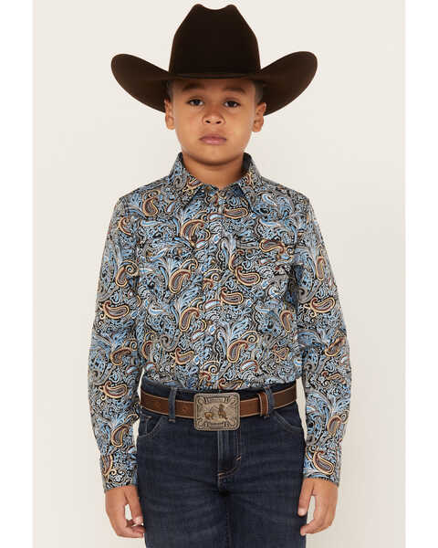 Cody James Boys' Paisley Print Long Sleeve Snap Western Shirt, Light Blue, hi-res