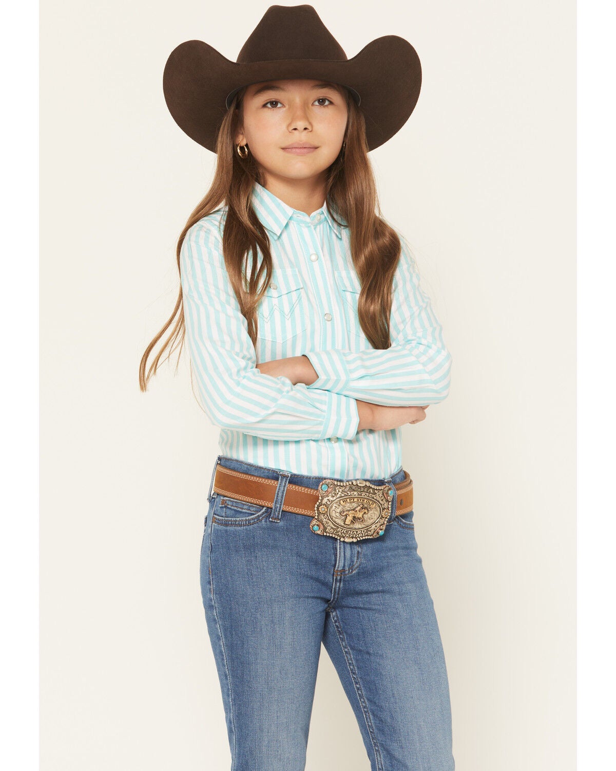 Wrangler Girls' Striped Long Sleeve Pearl Snap Western Shirt, Teal, hi-res