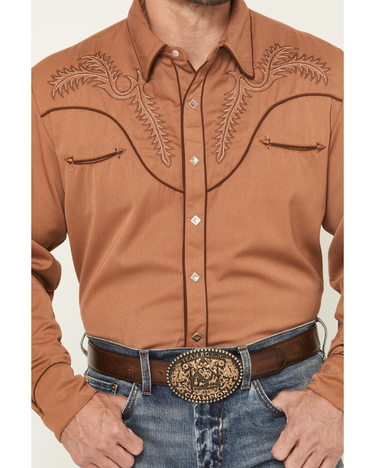 Image #3 - Scully Men's Embroidered Long Sleeve Snap Western Shirt, Brown, hi-res