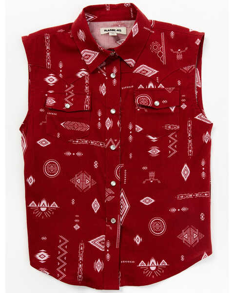 RANK 45® Toddler Girls' Southwestern Print Sleeveless Pearl Snap Shirt, Red, hi-res