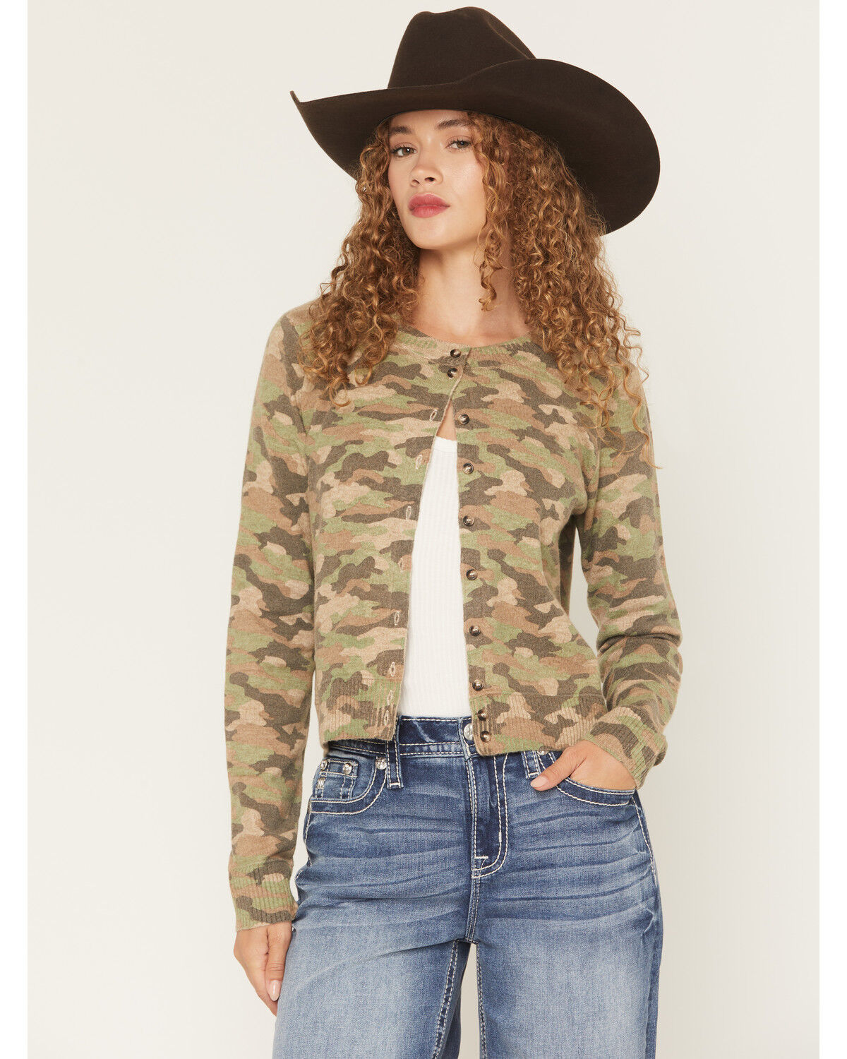 Image #2 - Miss Me Women's Camo Print Button-Down Sweater, Green, hi-res