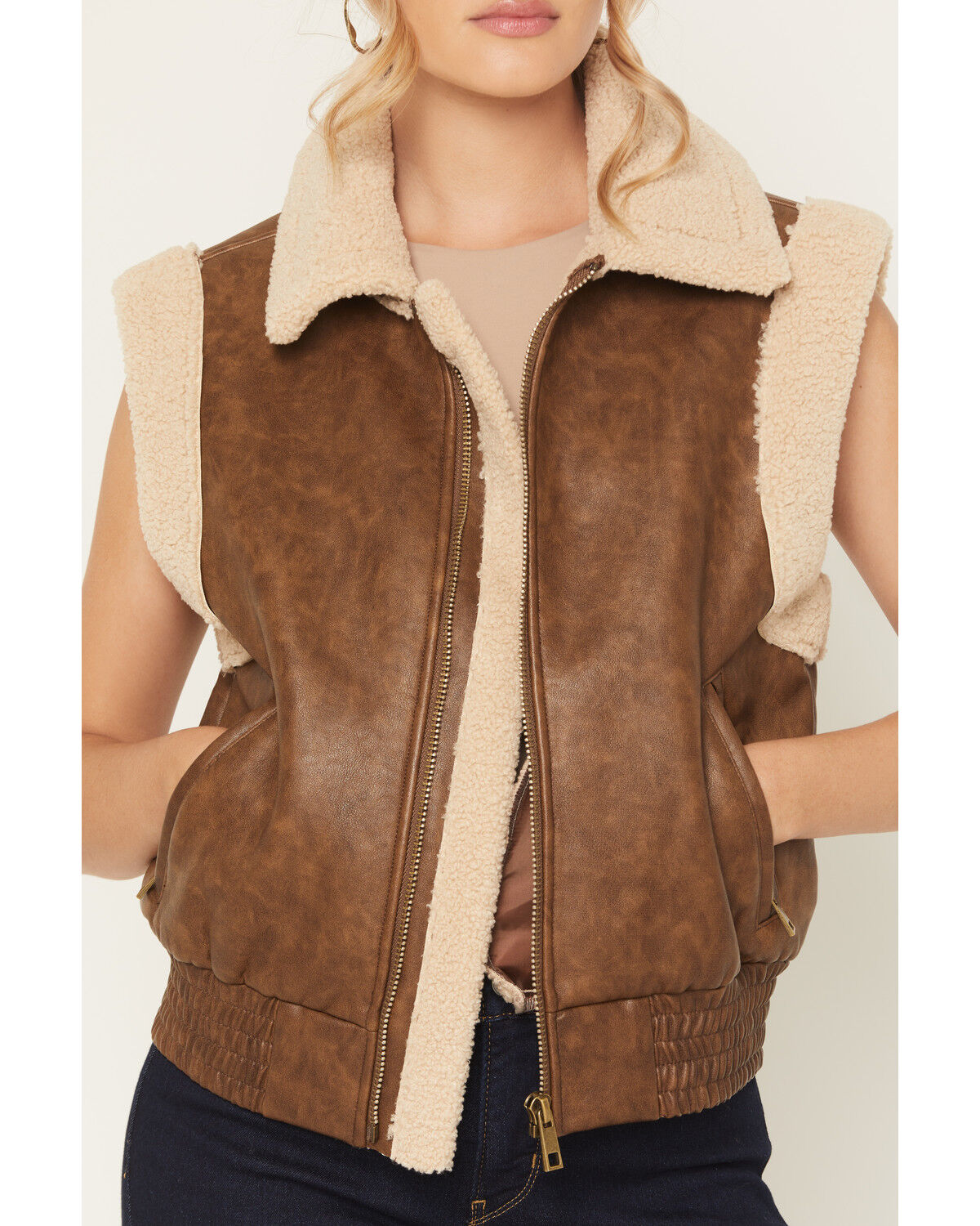 Image #3 - Ashley Women's Faux Leather Shearling Aviator Vest, Brown, hi-res