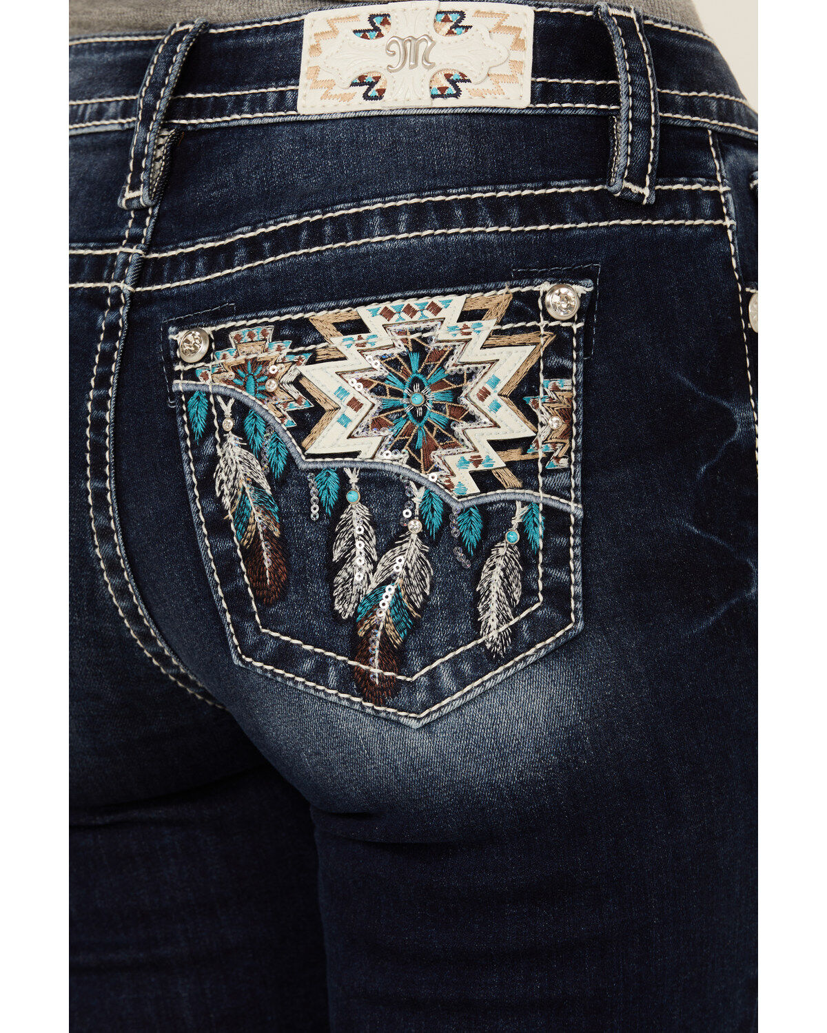 Image #2 - Miss Me Women's Dark Wash Mid Rise Feather Pocket Bootcut Stretch Denim Jeans, Dark Wash, hi-res