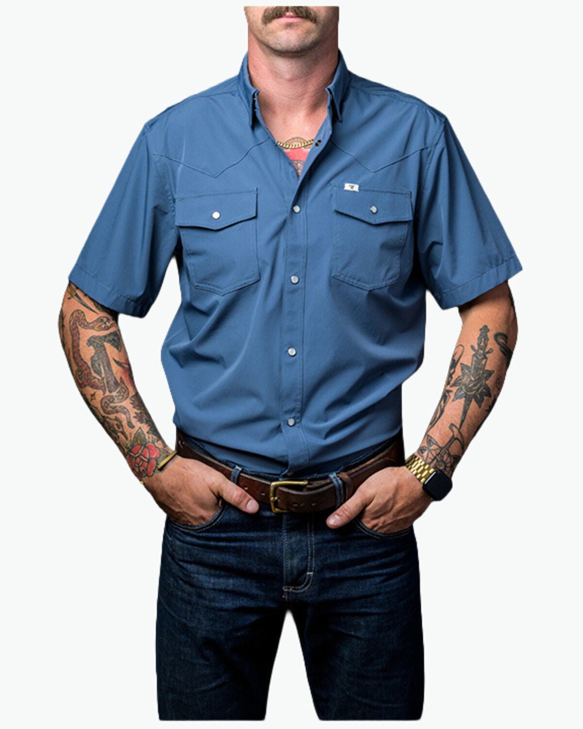 Ferrell Men's Tek Solid Short Sleeve Snap Performance Western Shirt, Blue, hi-res