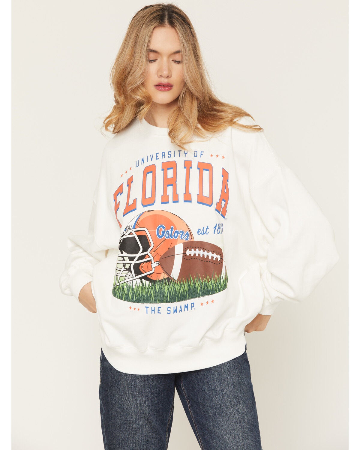 Gameday Women's Florida Gators Helmet Embroidered Graphic Crewneck, White, hi-res