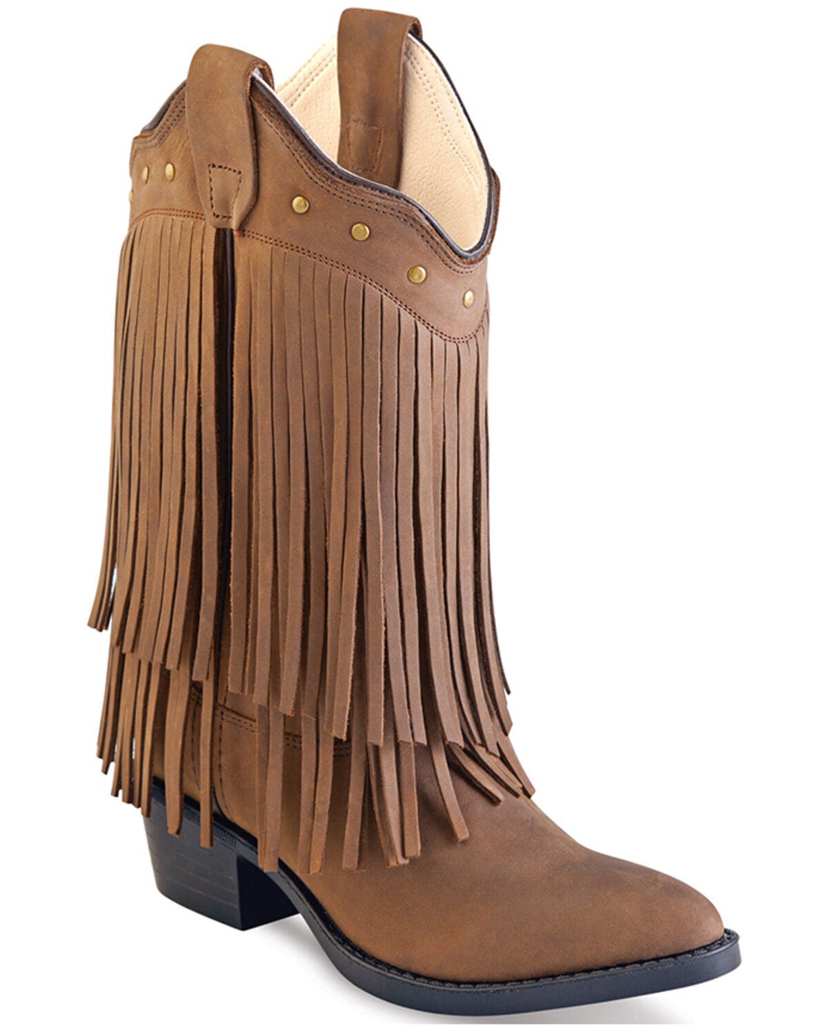 Old West Girls' Fringe Western Boots - Round Toe, Brown, hi-res