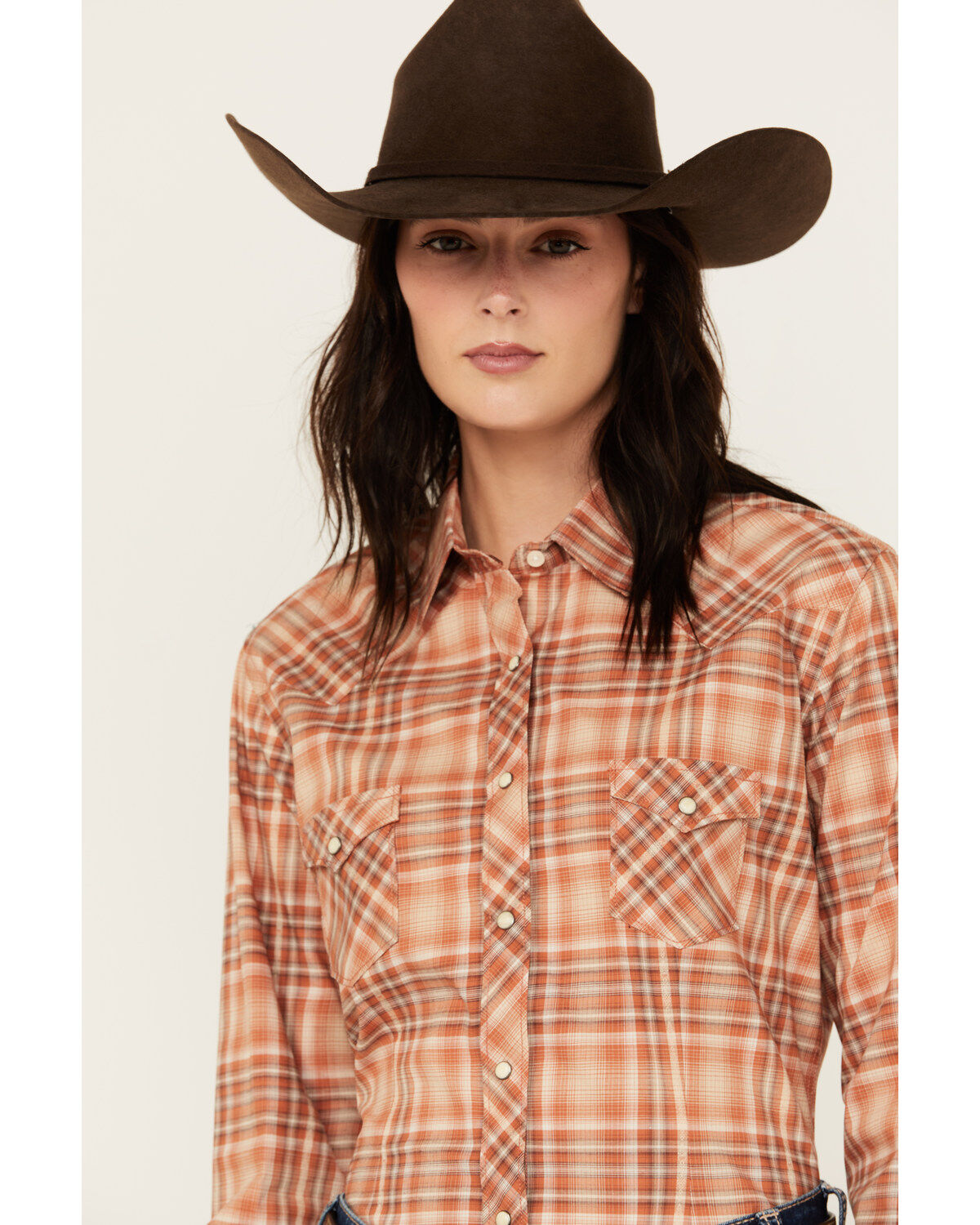 Image #2 - Rough Stock by Panhandle Women's Plaid Print Long Sleeve Snap Western Shirt, Rust Copper, hi-res