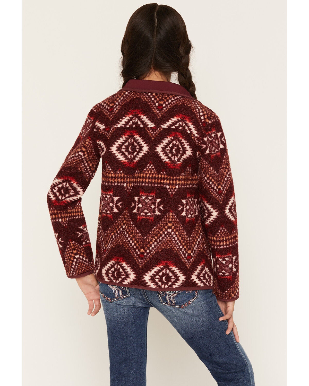 Image #4 - Panhandle Slim Girls' Southwestern Print Berber Jacket, Burgundy, hi-res