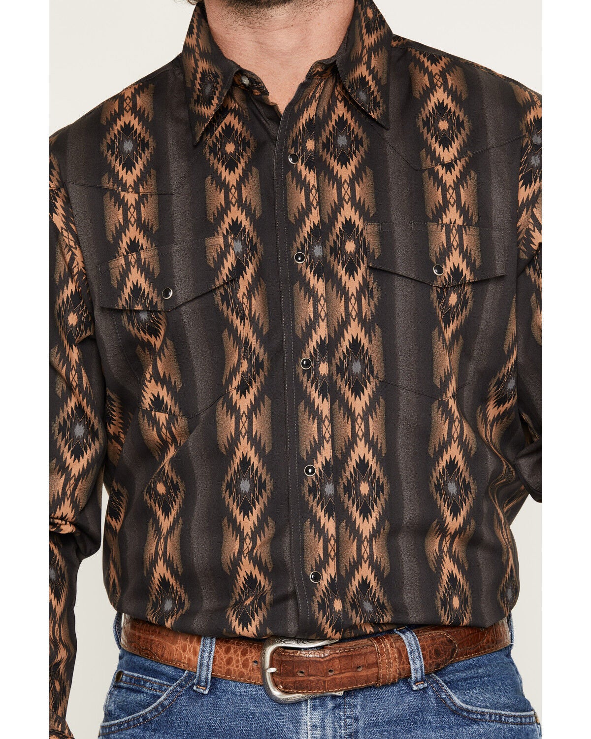 Image #3 - Wrangler Men's Checotah Southwestern Print Long Sleeve Snap Western Shirt, Black, hi-res