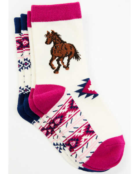 Shyanne Girl's Southwestern Horse 2-Pack Crew Socks, Multi, hi-res
