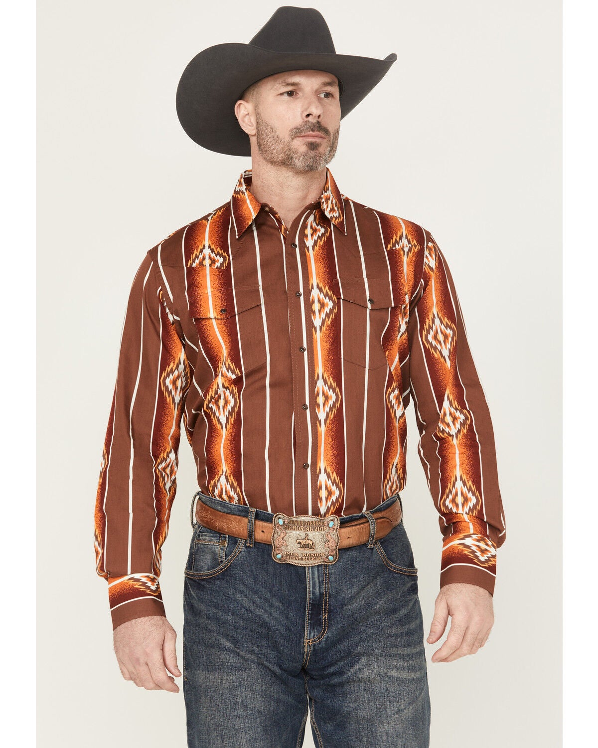 Wrangler Men's Checotah Southwestern Print Long Sleeve Snap Western Shirt, Brown, hi-res