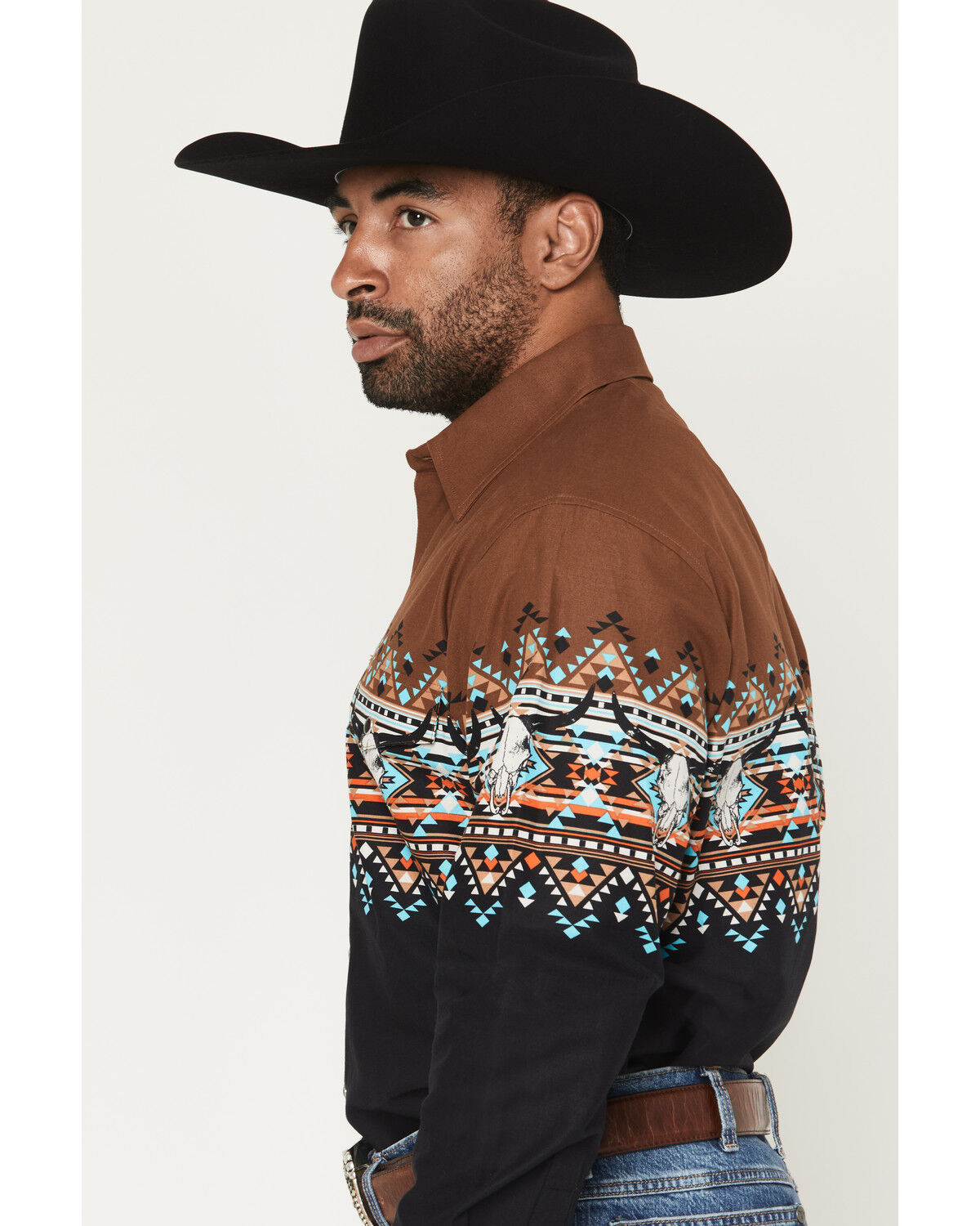 Image #2 - Panhandle Slim Men's Southwestern Border Long Sleeve Snap Western Shirt, Black, hi-res