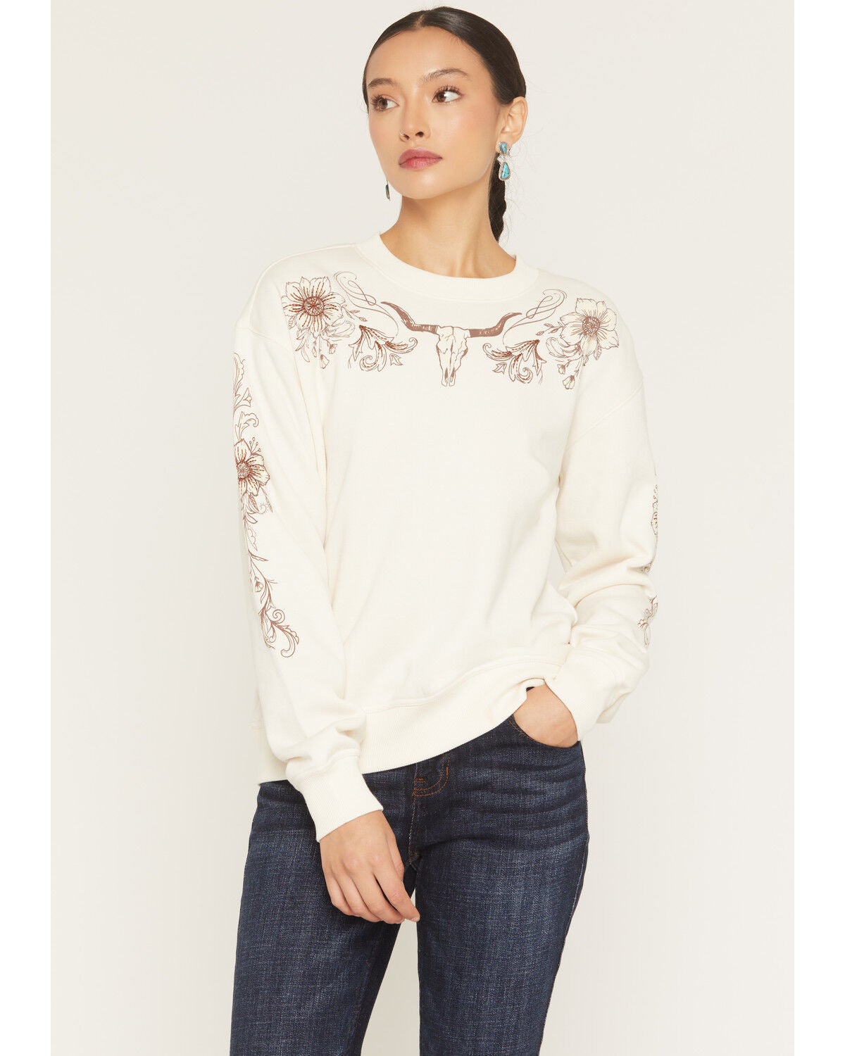 Idyllwind Women's Solona Steerhead Yoke Embroidered Crewneck Sweatshirt, Cream, hi-res