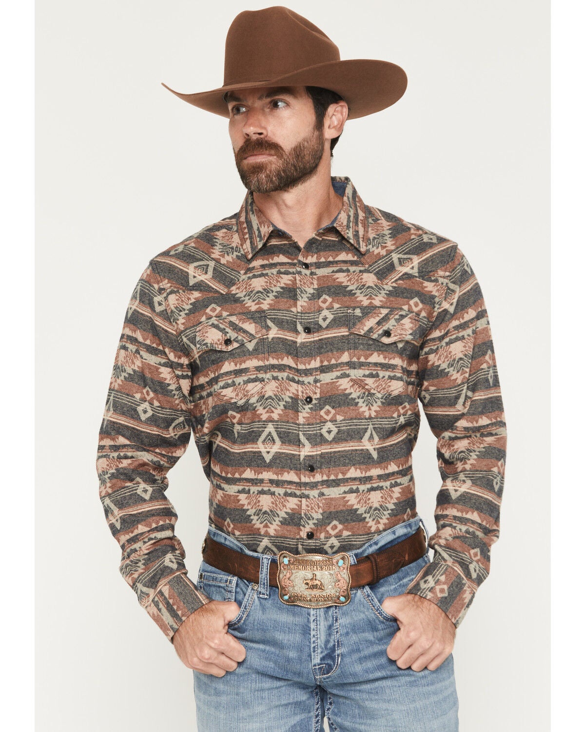 Image #1 - Cody James Men's Ironwood Southwestern Long Sleeve Snap Flannel Shirt - Big, Brown, hi-res