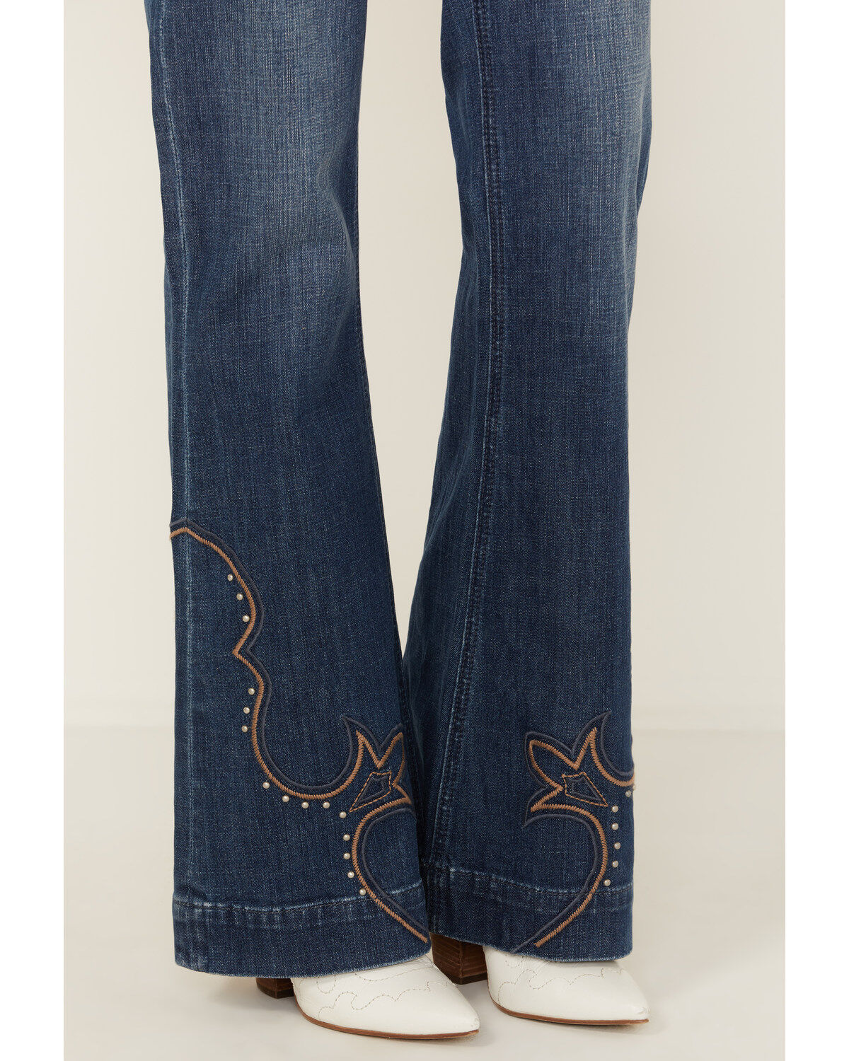 Image #2 - Rock & Roll Denim Women's Dark Wash Mid Rise Hem Stitched Trouser Stretch Denim Jeans, Dark Wash, hi-res