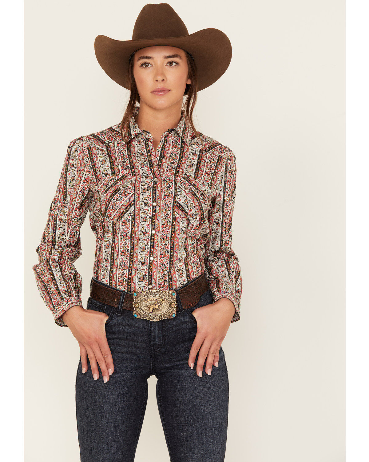 Image #1 - Cruel Girl Women's Paisley Stripe Long Sleeve Pearl Snap Western Shirt, , hi-res