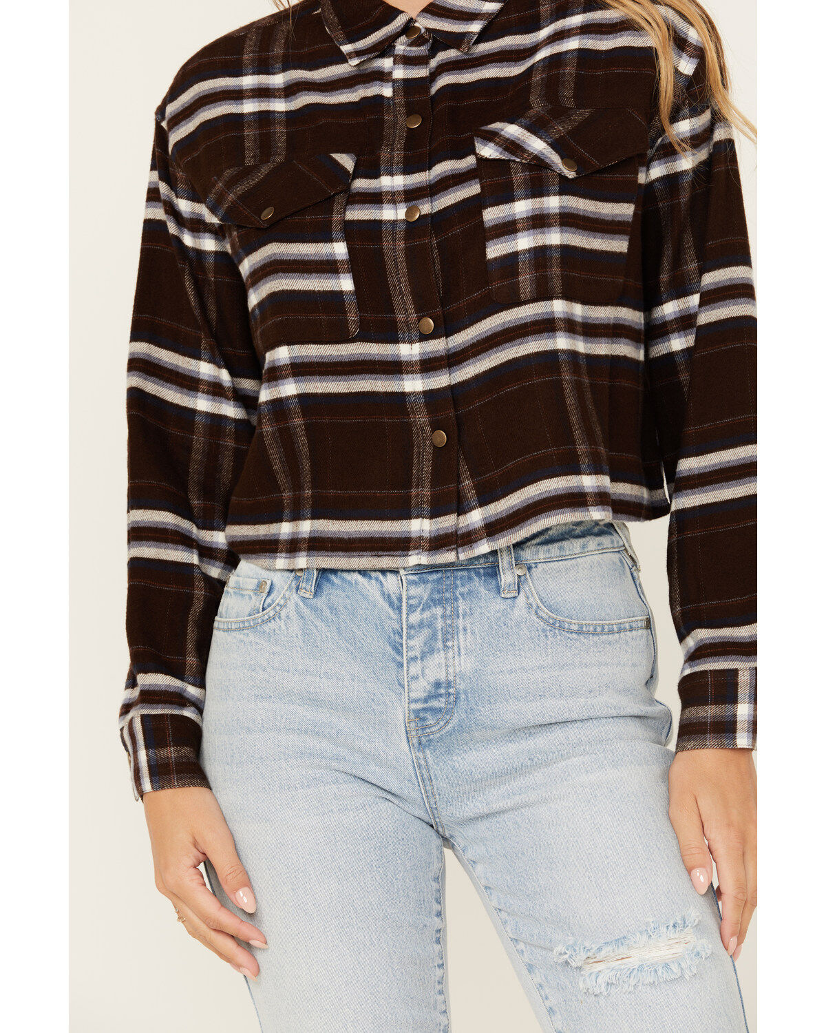 Image #3 - Cleo + Wolf Women's Cropped Plaid Print Flannel Shirt, Chocolate, hi-res