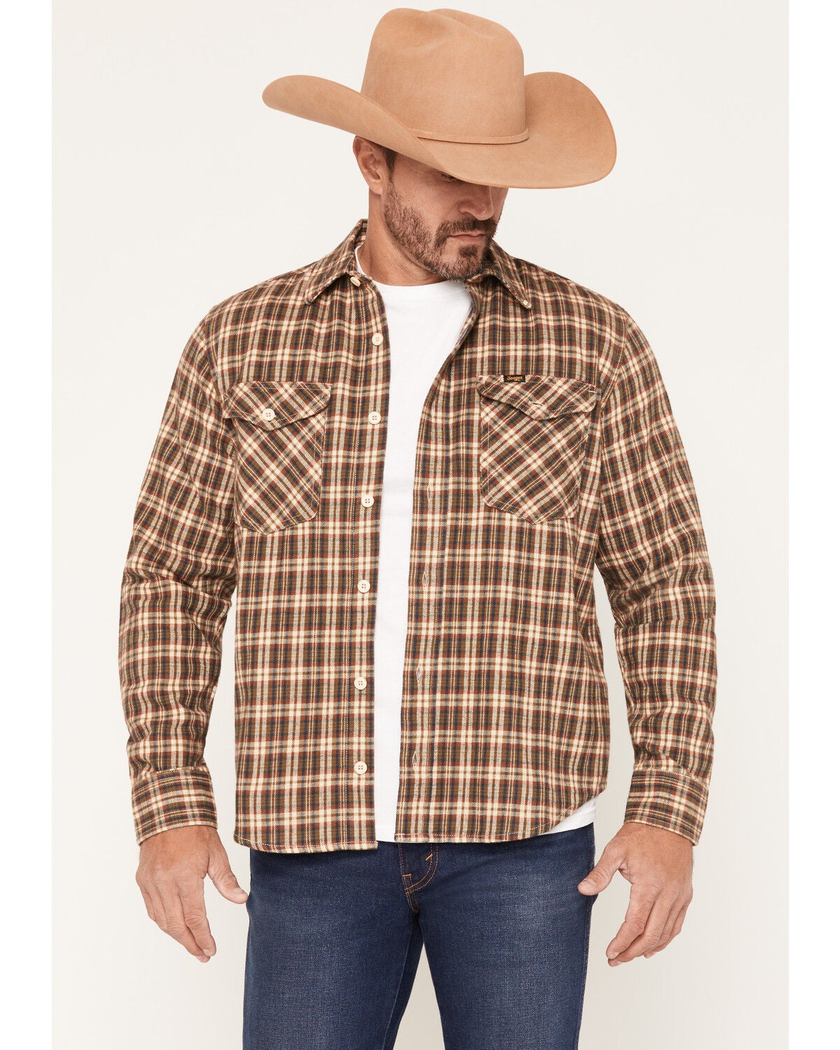Image #1 - Seager Men's Calico Plaid Print Long Sleeve Button-Down Flannel Shirt, Caramel, hi-res