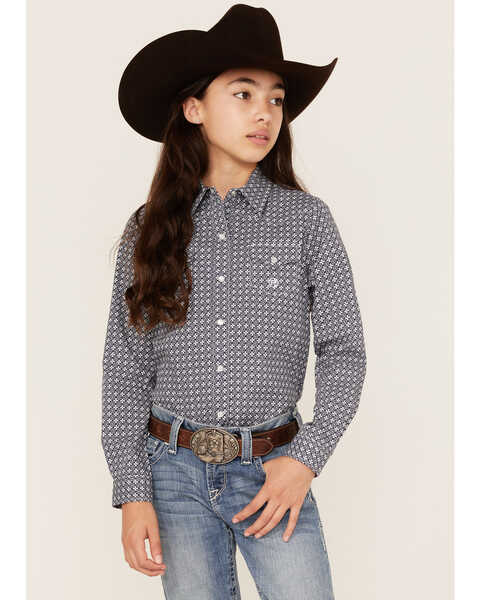 Roper Girls' Amarillo Floral Print Long Sleeve Western Pearl Snap Shirt, Blue, hi-res