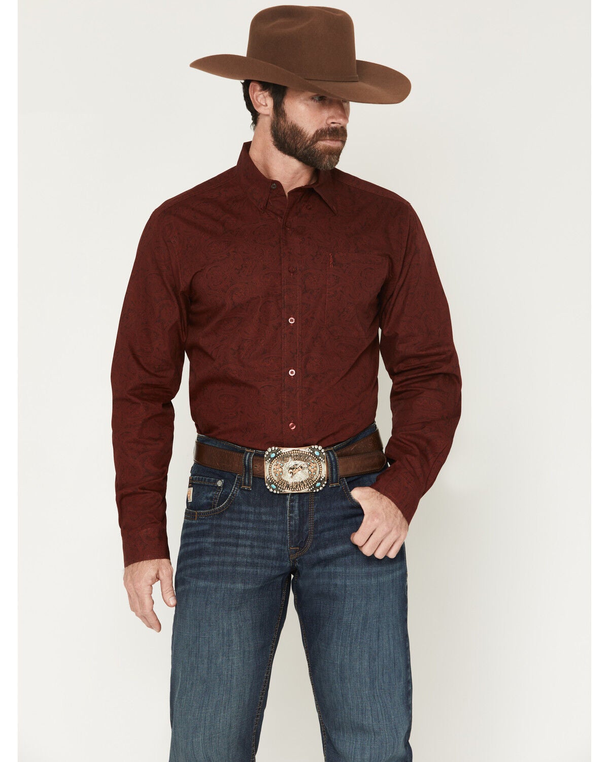 Image #1 - Cinch Men's Modern Fit Paisley Print Long Sleeve Button-Down Western Shirt, Burgundy, hi-res