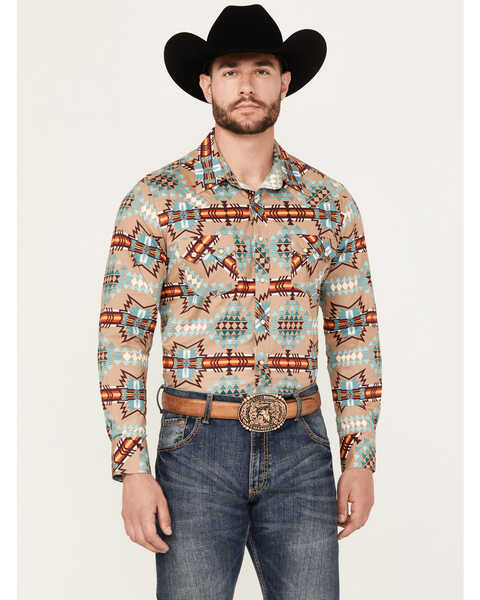 Rock & Roll Denim Men's Southwestern Stretch Long Sleeve Snap Western Shirt, Tan, hi-res