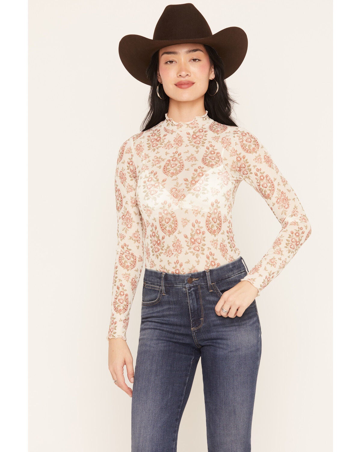 Image #1 - Wonderwest Women's Horseshoe Floral Print Long Sleeve Mesh Top, Cream, hi-res