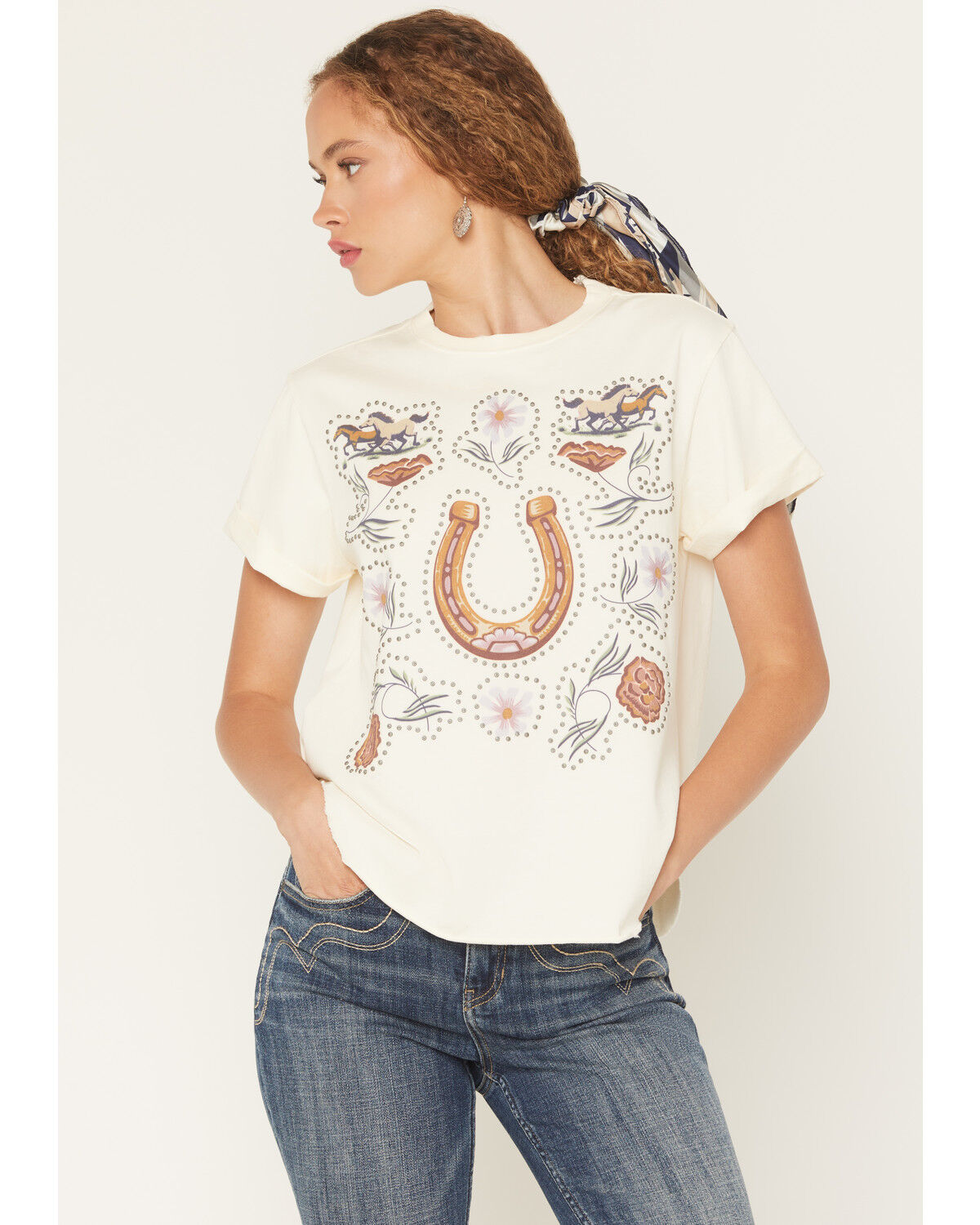 Image #1 - Idyllwind Women's Joyce Floral Horseshoe Short Sleeve Graphic Tee, Cream, hi-res