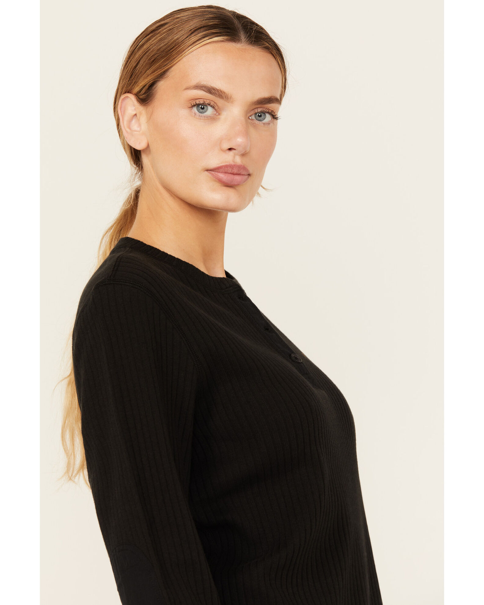Image #2 - Lucky Brand Workwear Women's Long Sleeve Ribbed Henley Shirt, Black, hi-res