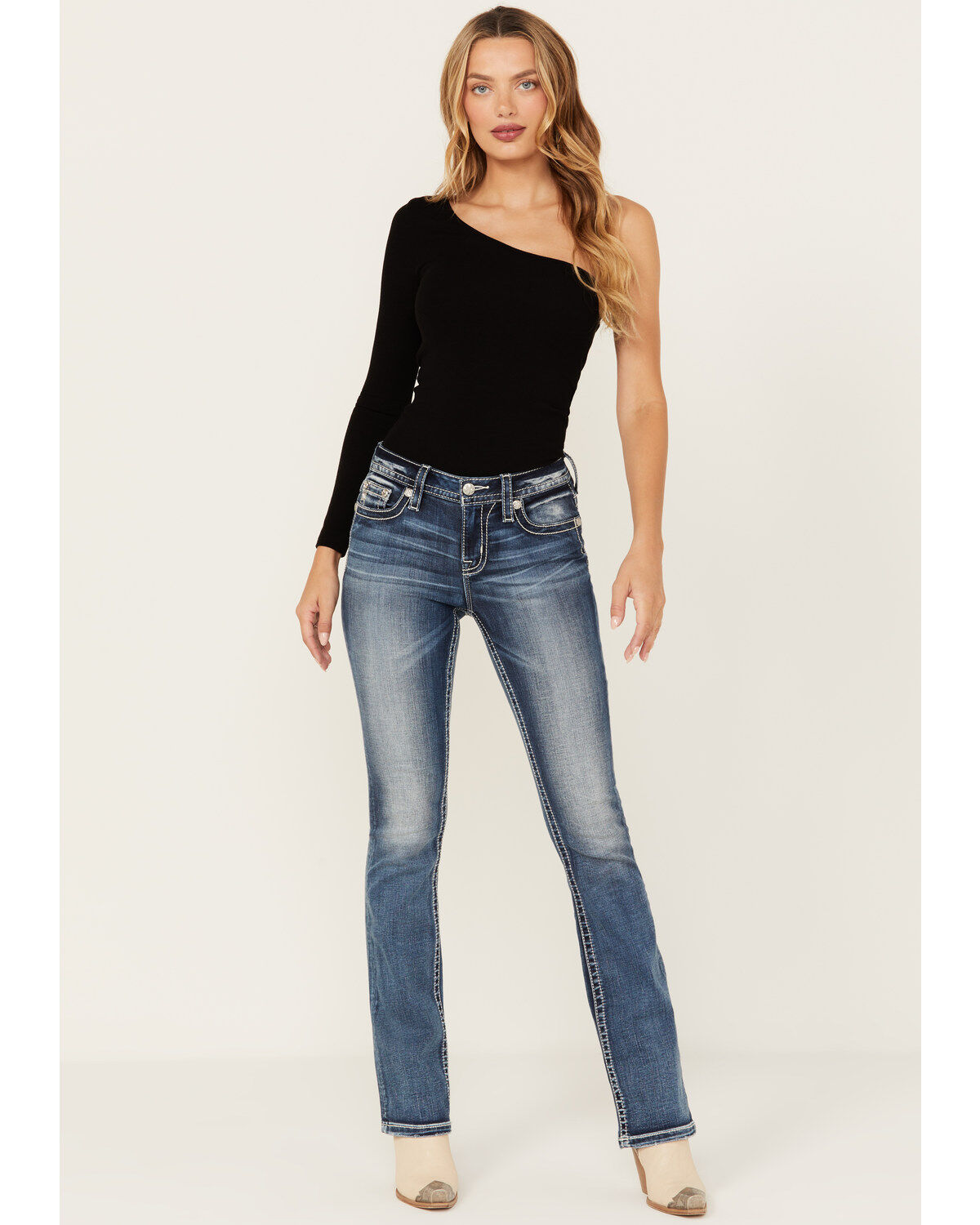 Product Name:  Miss Me Women's Dark Wash Mid Rise Fleur de Lis Bootcut Stretch Denim Jeans