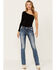 Image #3 - Miss Me Women's Dark Wash Mid Rise Fleur de Lis 34" Bootcut Stretch Denim Jeans, Dark Wash, hi-res