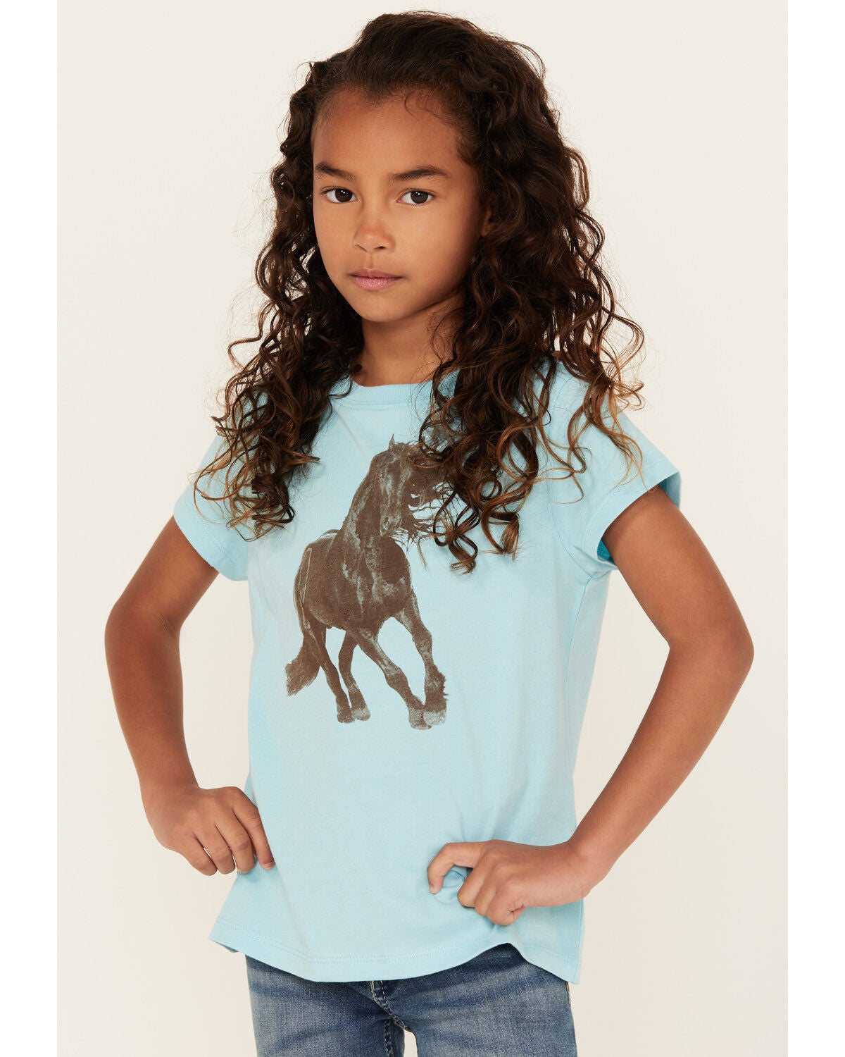 Shyanne Girls' Stallion Short Sleeve Graphic Tee, Light Blue, hi-res