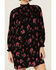 Angie Women's Navy Long Sleeve Smocked Floral Border Mini Dress, Black, hi-res