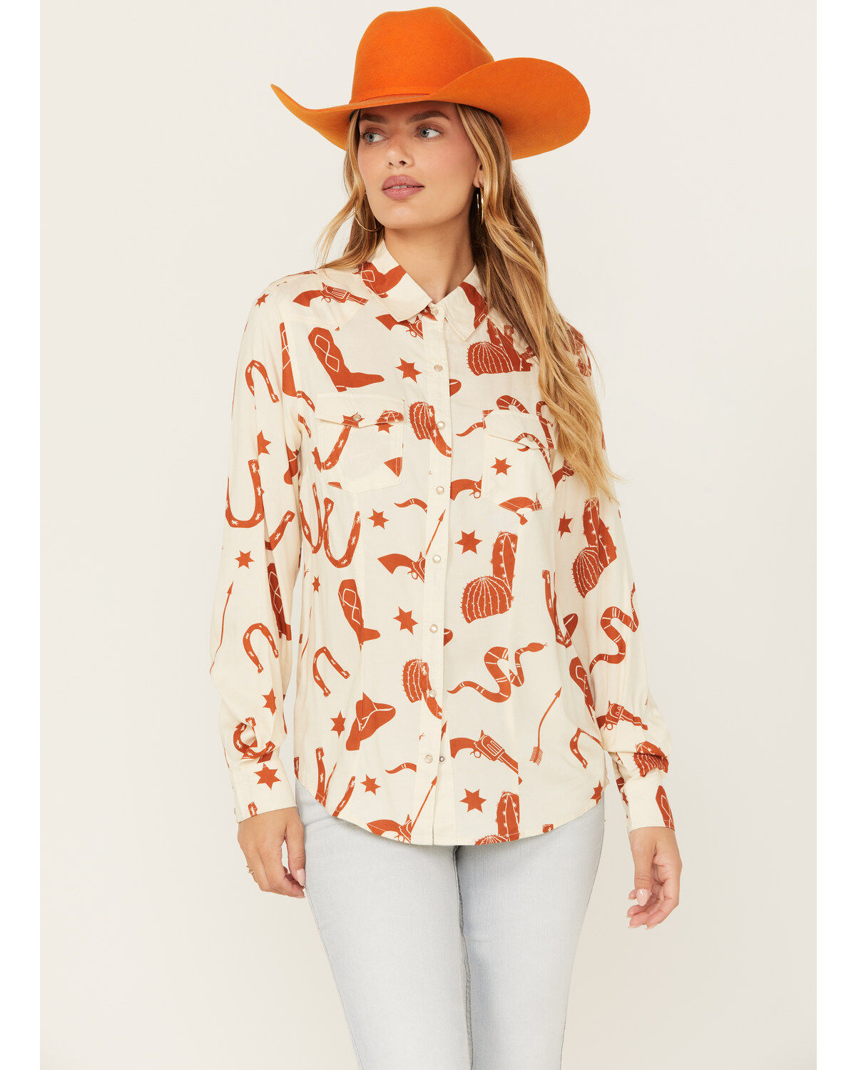 Product Name:  Cotton & Rye Women's Snake and Boot Conversation Print Long Sleeve Pearl Snap Western Shirt