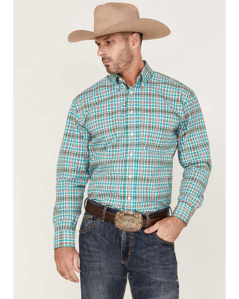 Rough Stock By Panhandle Men's Dobby Small Plaid Long Sleeve Button-Down Western Shirt , Turquoise, hi-res