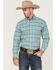 Rough Stock by Panhandle Men's Dobby Small Plaid Print Long Sleeve Button Down Western Shirt , Turquoise, hi-res