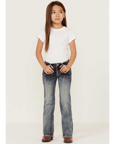 Grace In LA Girls' Medium Wash Floral Pocket Stretch Bootcut Jeans , Blue, hi-res